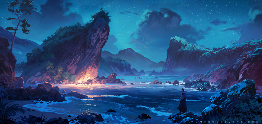 1boy cloud cloudy_sky commentary english_commentary facial_hair fire fog foliage from_side glowing highres night night_sky original plant rock sand scenery shore short_hair sky standing star_(sky) sylvain_sarrailh tree water watermark web_address wide_shot