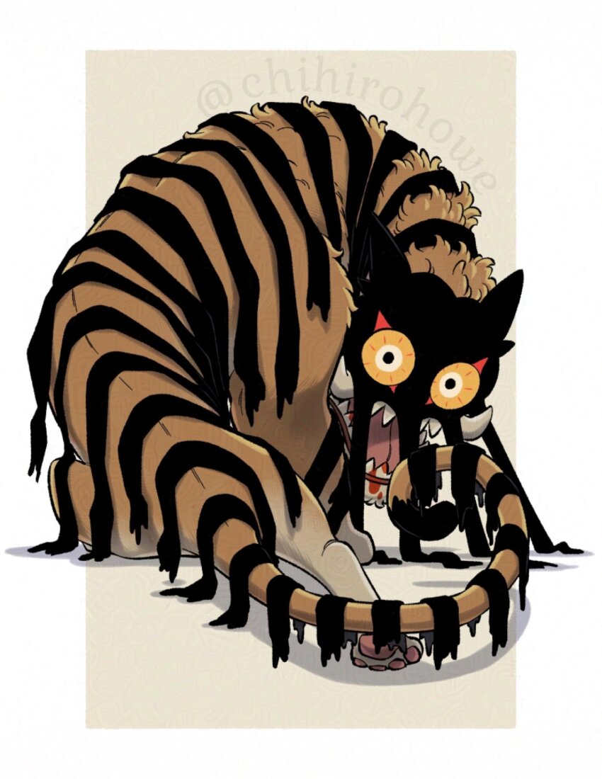 animal_focus blood blood_on_face border brown_background chihiro_howe colored_sclera constricted_pupils dream_tiger_(govy9807) full_body highres looking_at_viewer looking_back monster no_humans open_mouth original outside_border pawpads sharp_teeth signature simple_background solo teeth tiger tusks twitter_username white_border white_eyes yellow_sclera
