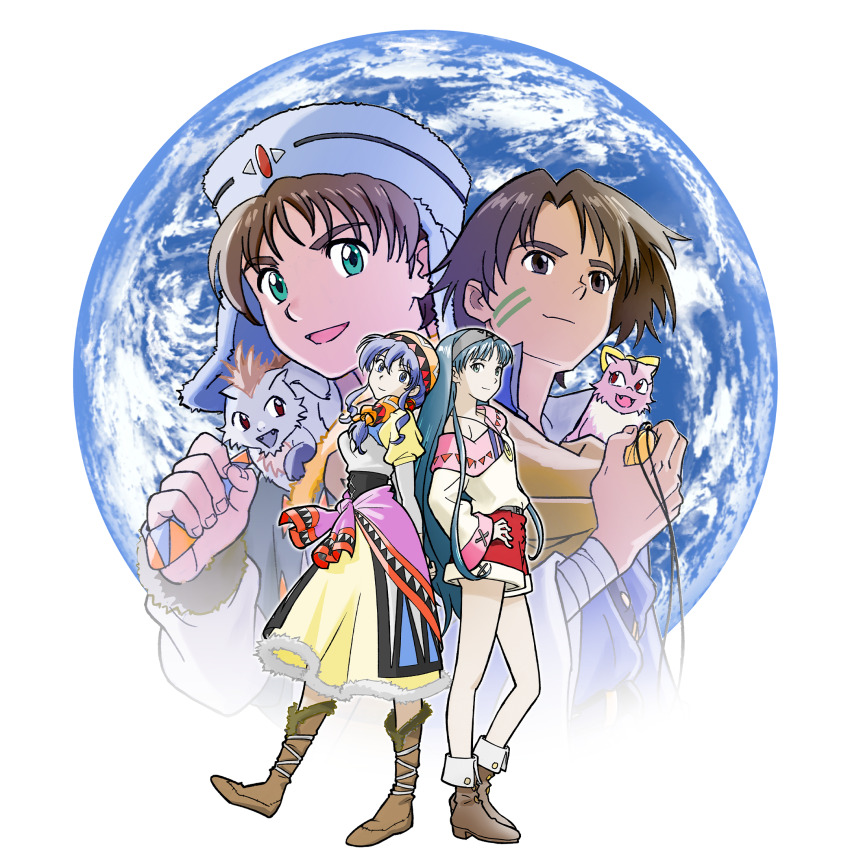 alex_noah animal animal_on_shoulder aqua_eyes aqua_hair blue_eyes blue_hair boots brown_boots brown_eyes brown_hair dress facial_mark fur_trim green_eyes hairband hand_on_own_hip hat highres hiro_(lunar) kubooka_toshiyuki long_hair long_sleeves lucia_(lunar) luna_noah lunar lunar:_the_silver_star lunar_2:_eternal_blue nall_(lunar) official_art open_mouth photoshop_(medium) planet red_eyes red_shorts ruby_(lunar) short_hair shorts smile standing transparent_background very_long_hair