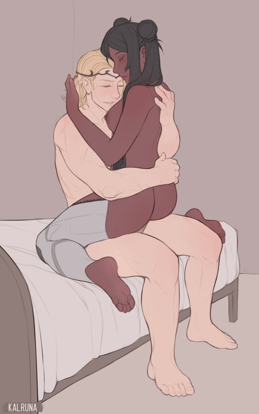 1boy 1girl absurdres black_hair blonde_hair closed_eyes dark-skinned_female dark_skin fire_emblem fire_emblem_fates hetero highres interracial kalruna nintendo nude original sex xander_(fire_emblem)