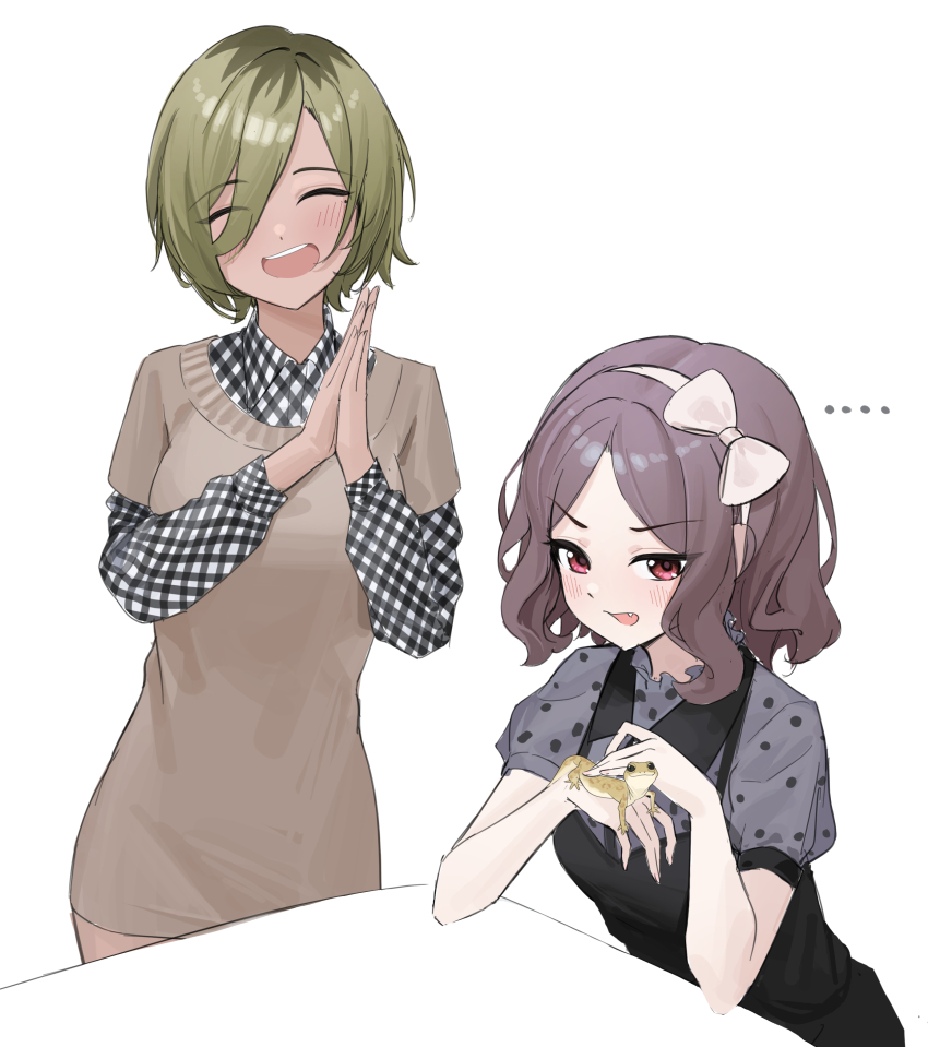 ... 2girls absurdres black_shirt blush bow brown_hair brown_sweater_vest commentary ebizuka_tomo fang gecko girls_band_cry grey_hair hair_between_eyes hair_bow hairband hashtag-only_commentary highres kuroja mole mole_under_eye multiple_girls open_mouth own_hands_together plaid_clothes plaid_shirt puffy_short_sleeves puffy_sleeves red_eyes rupa_(girls_band_cry) see-through_clothes see-through_sleeves shirt short_hair short_sleeves simple_background sweater_vest teeth upper_teeth_only white_background white_bow white_hairband white_shirt