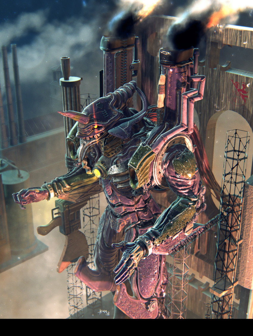 2020 commentary damaged dated dieselpunk dirty english_commentary eva_01 fangs glowing glowing_eye gun highres ivanuss lens_flare machine_gun mecha mecha_focus monster neon_genesis_evangelion nerv realistic redesign robot science_fiction signature smoke steam steampunk weapon yellow_eyes zbrush_(medium)