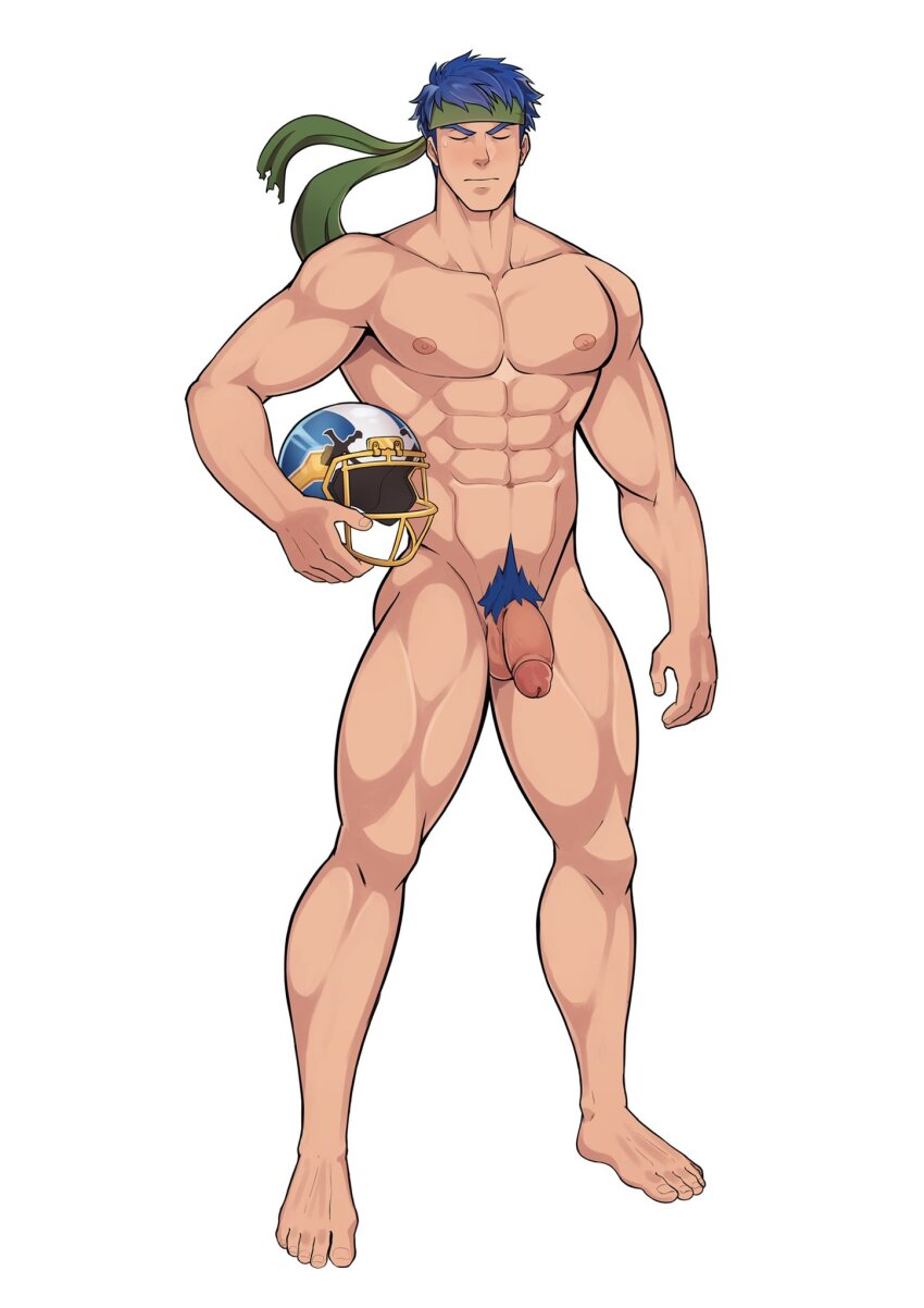 1boy abs american_football_helmet bara blue_hair closed_eyes commentary commission completely_nude fire_emblem fire_emblem:_radiant_dawn flaccid full_body geckobara green_headband headband helmet highres holding holding_helmet ike_(fire_emblem) large_pectorals male_focus male_pubic_hair navel nintendo nipples nude pectorals penis pubic_hair short_hair simple_background solo testicles thighs variant_set white_background