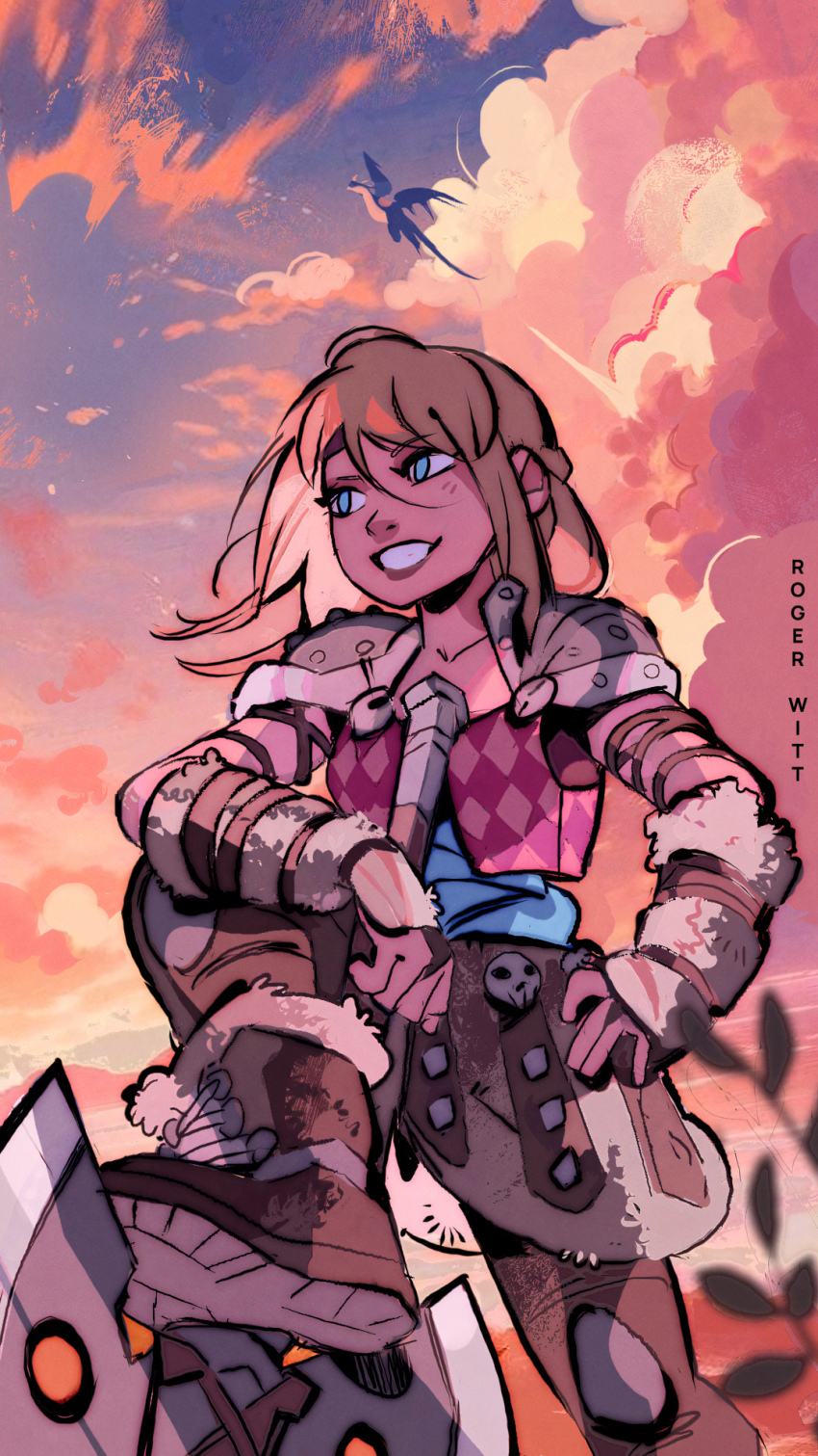 1girl armor astrid_hofferson axe battle_axe blonde_hair blue_eyes boots braid breasts cloud fur-trimmed_boots fur_trim gloves grin highres how_to_train_your_dragon_(series) long_hair looking_afar medium_breasts outdoors rogerwitt shoulder_armor skirt sky smile standing sunset teeth weapon
