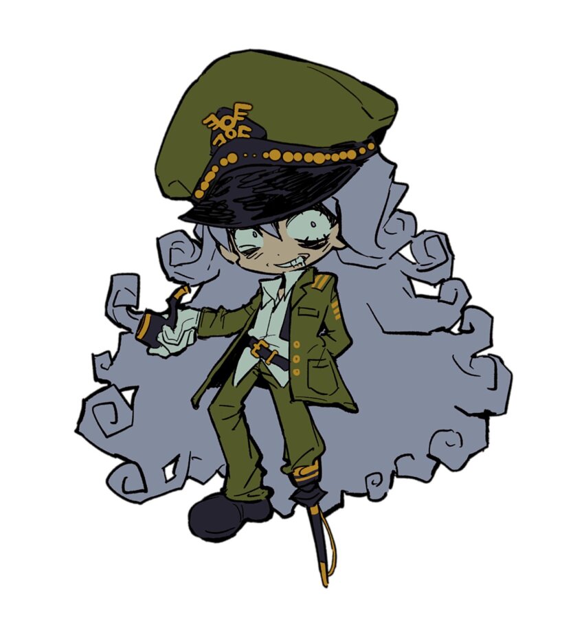 1girl ahab_(project_moon) anzekeye arms_behind_back black_shoes full_body green_hat green_jacket green_pants hat highres jacket limbus_company long_sleeves looking_at_viewer military_hat military_uniform pants project_moon shoes solo wide-eyed