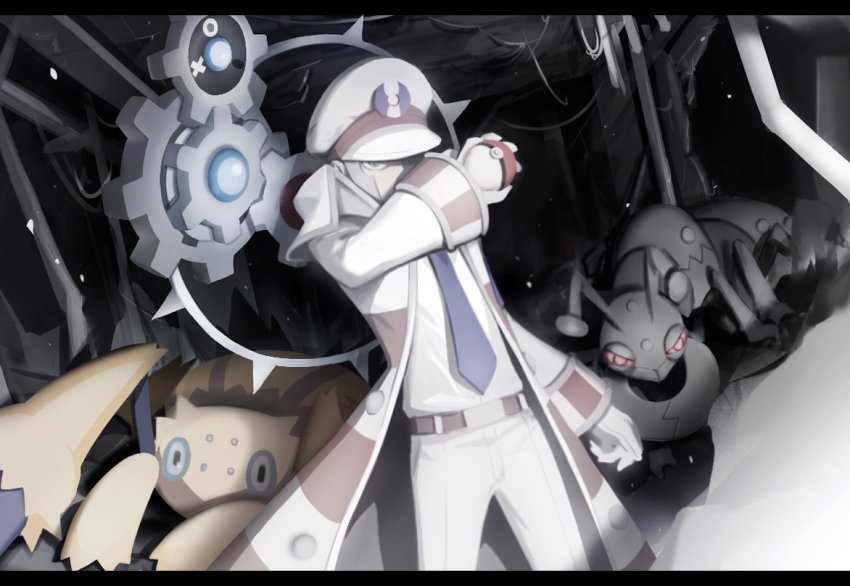 1boy belt belt_buckle blue_necktie brown_belt buckle coat commentary_request durant emmet_(pokemon) galvantula gen_5_pokemon gloves grey_eyes grey_hair hat high_collar holding holding_poke_ball klinklang korean_commentary letterboxed long_sleeves male_focus necktie nintendo pants peaked_cap poke_ball poke_ball_(basic) pokemon pokemon_(creature) pokemon_bw seku_000 shirt short_hair trench_coat white_coat white_gloves white_headwear white_pants white_shirt