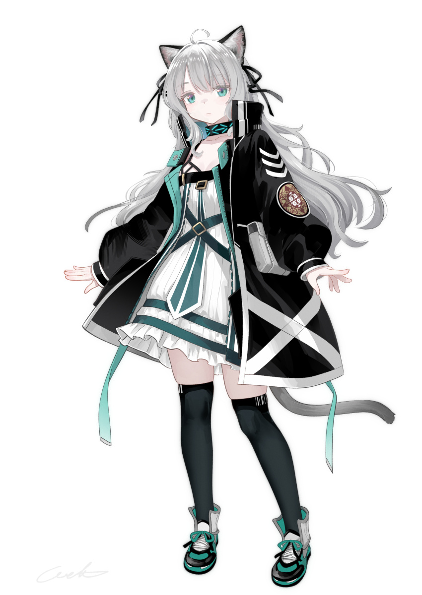 1girl absurdres ahoge animal_ear_fluff animal_ears aqua_eyes arknights black_coat black_ribbon black_thighhighs breasts closed_mouth coat commentary_request dress expressionless frills full_body grey_hair grey_tail hair_ribbon highres infection_monitor_(arknights) long_hair long_sleeves looking_at_viewer mint_(arknights) open_clothes open_coat partial_commentary puffy_long_sleeves puffy_sleeves ribbon signature simple_background small_breasts solo standing tail thighhighs welt_(kinsei_koutenkyoku) white_background white_dress
