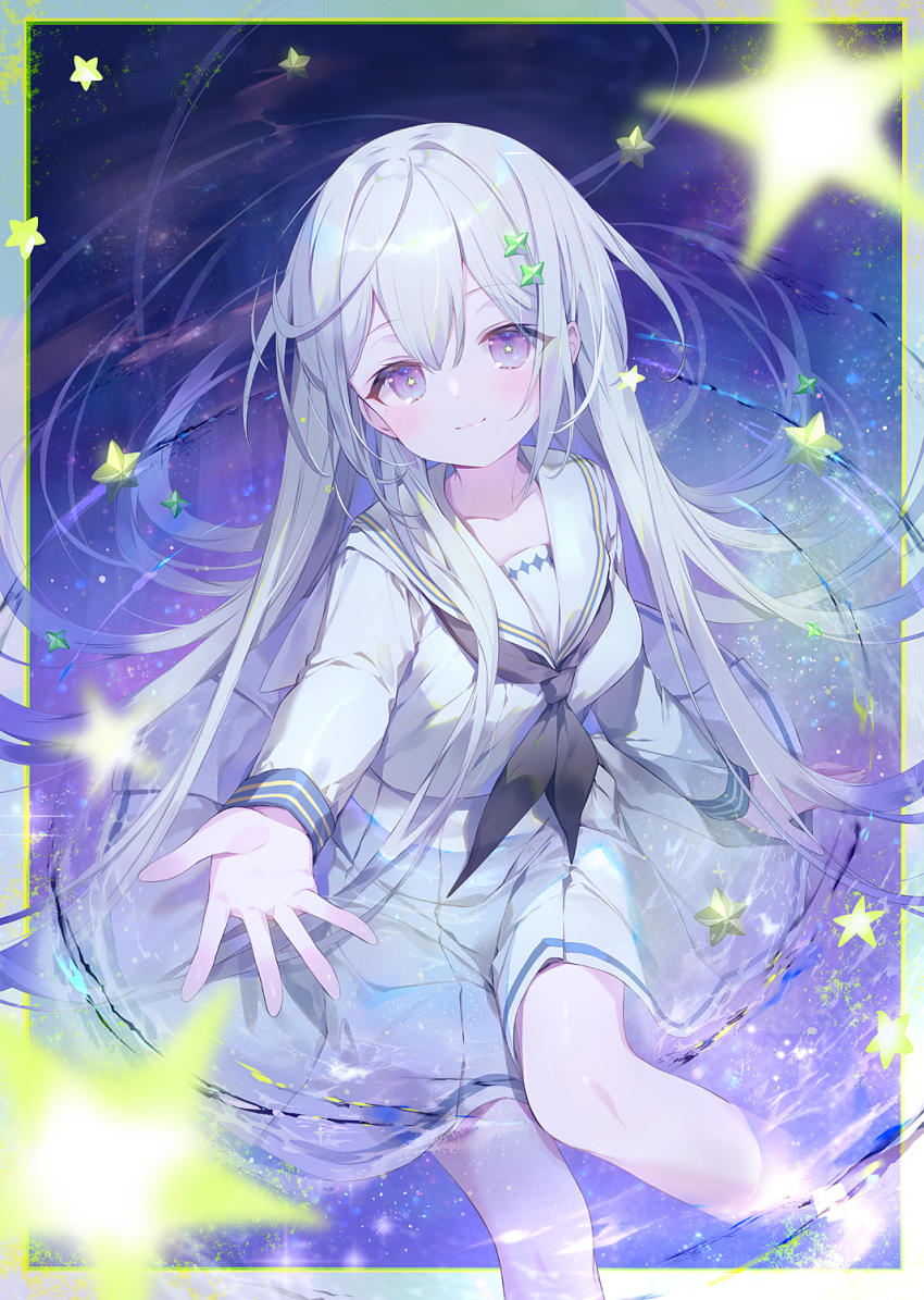 1girl black_neckerchief blurry blurry_foreground closed_mouth commentary_request depth_of_field feet_out_of_frame grey_hair hair_between_eyes hair_ornament highres ibara_riato long_sleeves looking_at_viewer neckerchief original pleated_skirt purple_eyes ripples sailor_collar shallow_water shirt sitting skirt smile solo star_(symbol) water white_sailor_collar white_shirt white_skirt