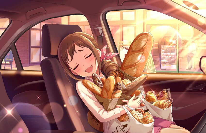 1girl bag baguette bread brown_hair car_interior car_seat closed_eyes croissant dress drill_hair drooling fang food frilled_shirt_collar frills hair_ornament happy highres holding holding_bag hugging_object idolmaster idolmaster_cinderella_girls light_blush light_particles light_rays loaf_of_bread long_sleeves melon_bread mouth_drool official_art ohara_michiru open_mouth overalls pinafore_dress pink_overalls pink_shorts plastic_bag shirt shorts sidelocks sleeveless sleeveless_dress smile solo_focus swept_bangs third-party_source white_shirt