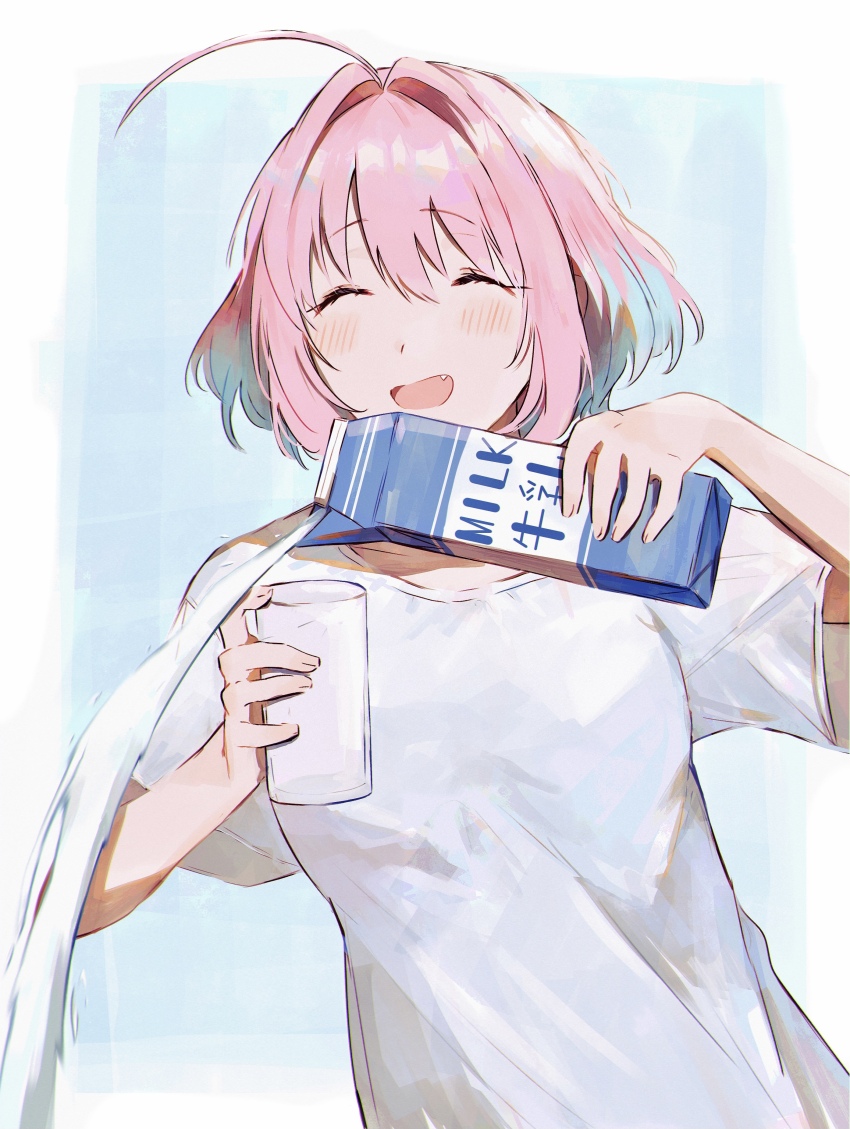 1girl absurdres ahoge blue_hair closed_eyes cup decantering drinking_glass failure hair_intakes hamachamu highres holding holding_cup holding_milk_carton idolmaster idolmaster_cinderella_girls milk milk_carton multicolored_hair open_mouth pink_hair pouring shirt short_hair skeleton_print solo two-tone_hair upper_body white_shirt you&#039;re_doing_it_wrong yumemi_riamu