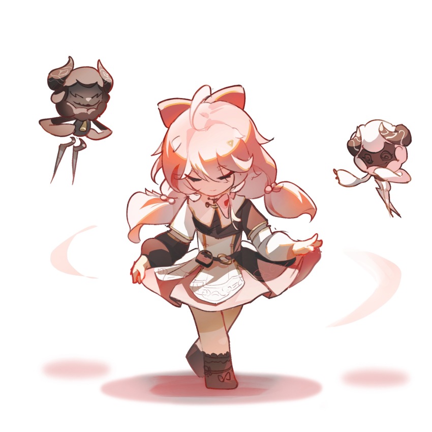 1girl ahoge black_shoes bow chibi chibi_only chinese_commentary closed_eyes closed_mouth cloudy_(wuthering_waves) collar commentary_request cosmos_(wuthering_waves) curtsey dress encore_(wuthering_waves) hair_bow highres huqu_(huqu45712) long_hair pink_bow pink_hair pink_skirt shoes simple_background skirt smile solo white_background white_collar white_dress wuthering_waves