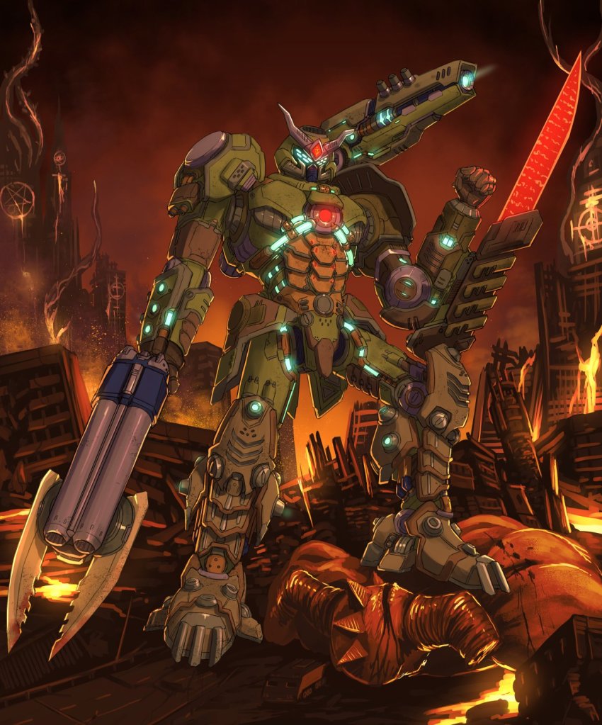 arm_blade clenched_hand crucible_(doom) cyberdemon demon doom_(series) doom_eternal doomguy gun gundam highres holding holding_gun holding_weapon looking_down mecha mechanization lava no_humans robot shotgun solo substance20 v-fin visor weapon