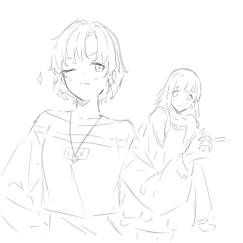 2girls :3 blush d4dj greyscale hanamaki_towa highres izumo_saki jewelry kanade_(kanade_3344) long_hair long_sleeves monochrome multiple_girls necklace one_eye_closed parted_bangs short_hair simple_background upper_body white_background