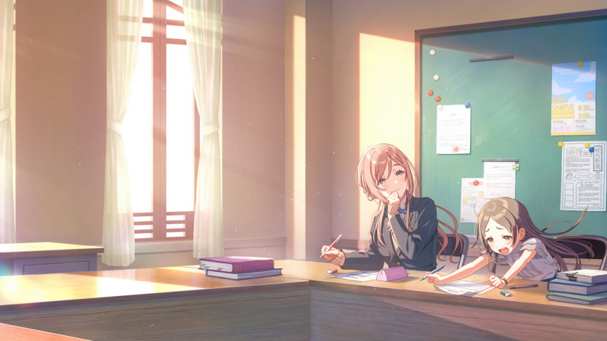 2girls book bookmark brown_eyes brown_hair bulletin_board buttons chair curtains desk english_text eraser forehead gakuen_idolmaster game_cg highres himesaki_rinami holding holding_pen idolmaster jacket japanese_text kuramoto_china multiple_girls neck_ribbon official_art open_mouth paper pen pencil_case purple_eyes ribbon sunlight window