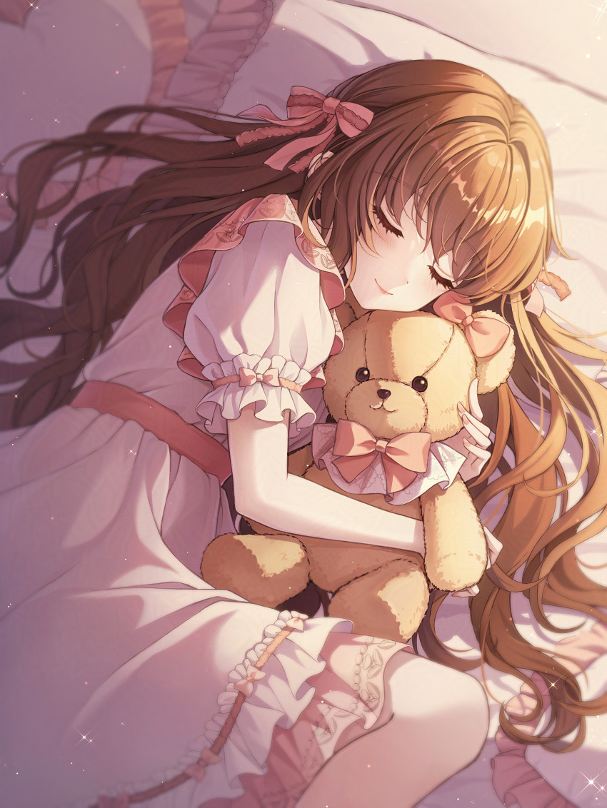 1girl absurdres bow bowtie brown_hair closed_eyes closed_mouth dot_nose dress feet_out_of_frame fingernails frilled_dress frilled_sleeves frills from_above hair_bow hair_intakes hair_spread_out head_on_pillow heart heart-shaped_pillow highres holding holding_stuffed_toy holding_teddy_bear iyar light_blush light_particles long_hair lying nail_polish on_side original pillow pink_bow pink_bowtie pink_lips pink_nails pink_trim puffy_sleeves sidelighting single_sidelock sleeping sleeve_bow smile solo sparkle stuffed_animal stuffed_toy teddy_bear wavy_hair white_dress