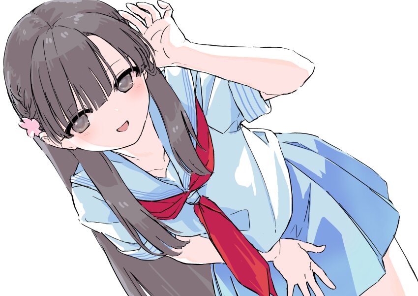 1girl absurdres black_hair blue_skirt blunt_bangs blush braid collarbone highres idolmaster idolmaster_cinderella_girls kobayakawa_sae looking_at_viewer neckerchief pleated_skirt pure_556 red_neckerchief school_uniform serafuku short_sleeves simple_background skirt smile solo white_background