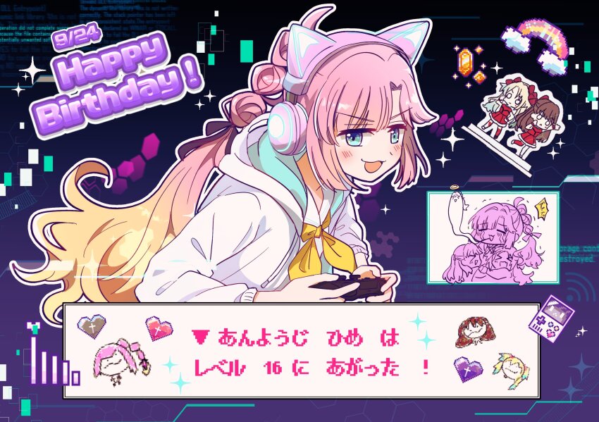 &gt;:) &gt;_&lt; 0_0 1girl :3 :d :o acrylic_stand_(object) ahoge animal_ear_headphones animal_ears anyoji_hime arm_up black_ribbon blonde_hair blue_eyes blunt_bangs bow cat_ear_headphones character_name child&#039;s_drawing closed_mouth commentary controller cross dated do!_do!_do!_(love_live!) dress dualsense fake_animal_ears game_boy game_controller giving_up_the_ghost gradient_hair hair_bow hair_ribbon hanamiya_nina_(style) handheld_game_console happy_birthday hasu_no_sora_school_uniform headphones highres holding holding_controller holding_game_controller hood hooded_jacket jacket latin_cross leg_up level_up link!_like!_love_live! long_hair long_sleeves looking_at_viewer love_live! mira-cra_park! multi-tied_hair multicolored_hair neckerchief official_alternate_costume open_clothes open_jacket open_mouth outline pink_hair pixel_text pixelated playstation_controller ponytail puffy_short_sleeves puffy_sleeves purple_background rainbow red_bow red_dress ribbon sailor_collar sailor_dress school_uniform short_sleeves sidelocks sleeveless sleeveless_dress smile solo summer_uniform swept_bangs upper_body v-shaped_eyebrows very_long_hair virtual_youtuber watage_modoki white_dress white_jacket white_outline white_sailor_collar xd yellow_neckerchief