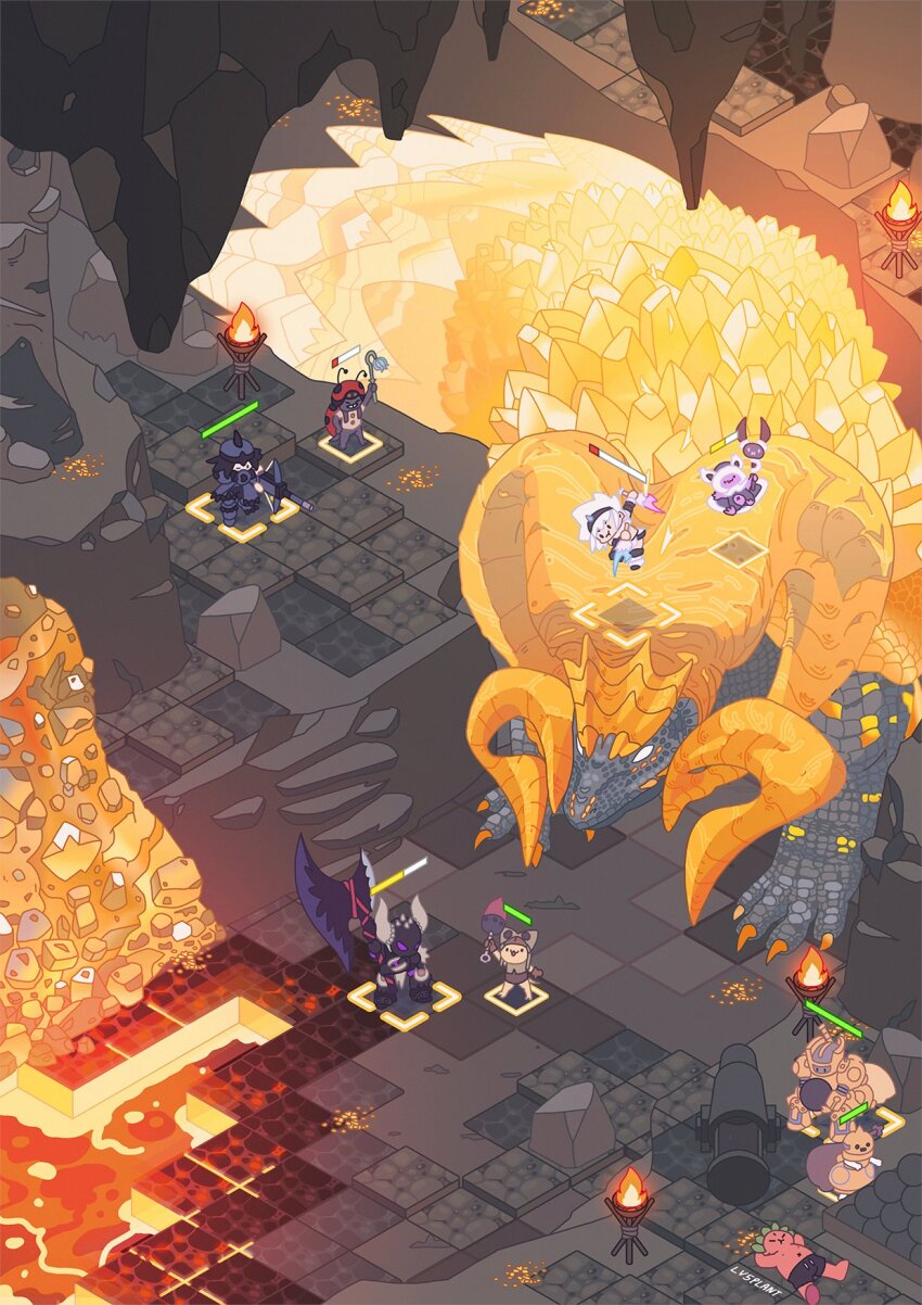 1girl 3others armor axe battle_axe cannon cannonball colored_skin dragon fake_screenshot felyne full_armor gameplay_mechanics gold green_hair health_bar highres holding holding_axe holding_sword holding_weapon isometric kirin_(armor) kulve_taroth lava looking_at_another lv5plant lying monster_hunter:_world monster_hunter_(character) monster_hunter_(series) multiple_others nergigante_(armor) on_back red_skin standing sword uragaan_(armor) user_interface weapon