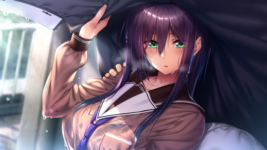 1girl amakano_2 azarashi_soft blush bra breasts breath game_cg green_eyes hair_between_eyes hand_up highres himiyama_rei jacket_over_head large_breasts long_hair looking_at_viewer necktie outdoors parted_lips piromizu purple_hair purple_neckwear school_uniform see-through_clothes underwear upper_body wet wet_clothes