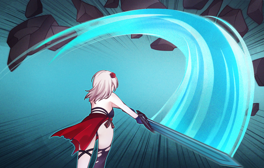 1girl abs aizeis alternate_costume ass asymmetrical_legwear bare_arms bare_legs bare_shoulders bikini breasts chrono_ark fighting_stance gloves hair_ornament highres holding holding_sword holding_weapon lian_(chrono_ark) medium_breasts medium_hair nail_polish non-web_source sandals simple_background swimsuit sword thighhighs weapon white_hair