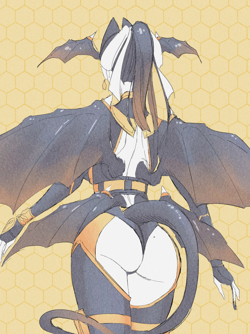 1girl ass ass_cutout black_hair byackopath_(artist) clothing_cutout demon_girl demon_wings facing_away from_behind head_wings highres honeycomb_(pattern) honeycomb_background low_wings mole mole_on_ass multicolored_hair original pale_skin ponytail sketch solo thong two-tone_hair white_hair wings