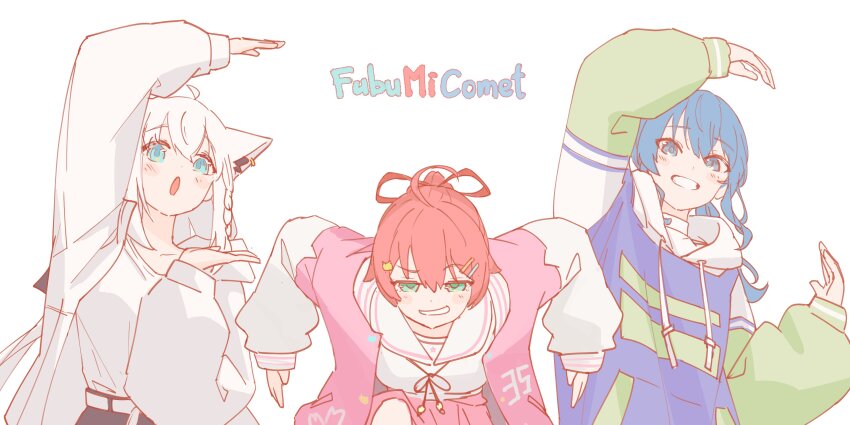 3girls absurdres ahoge alternate_costume animal_ear_fluff animal_ear_piercing animal_ears aqua_eyes belt blue_eyes blue_hair braid crossed_bangs double-parted_bangs dress earrings extra_ears fox_ears fox_girl fubumicomet_(hololive) green_eyes highres hololive hood hoodie hoshimachi_suisei hyde_(tabakko) jacket jewelry long_hair low-tied_long_hair multiple_girls pink_hair pink_jacket pink_sailor_collar purple_hoodie sailor_collar sailor_dress sailor_shirt sakura_miko school_uniform serafuku shirakami_fubuki shirt side_braid sidelocks simple_background single_braid single_earring virtual_youtuber white_background white_belt white_hair white_jacket white_shirt