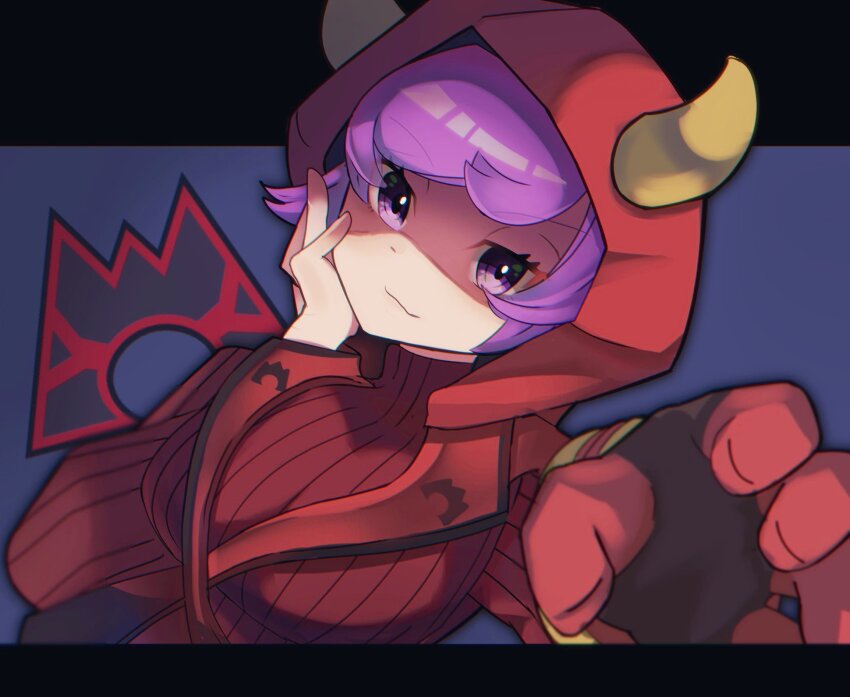 1girl black_gloves breasts courtney_(pokemon) cowlick dress gloves half-closed_eyes highres hood hooded_vest hoodie horned_hood horns large_breasts long_sleeves nintendo pokemon pokemon_oras purple_eyes purple_hair red_gloves red_hood ribbed_dress ribbed_sweater short_dress short_hair solo sweater sweater_dress swept_bangs team_magma two-tone_gloves umiru vest