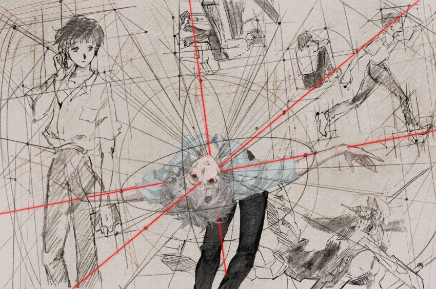 2boys abstract black_pants collared_shirt eva_01 evangelion_(mecha) grey_hair highres ikari_shinji instrument leaning_back male_focus multiple_boys nagisa_kaworu neon_genesis_evangelion outstretched_arms pants paper_texture piano red_eyes shirt sketch_background sketch_inset surreal vanishing_point white_background white_shirt zhiwukafuka