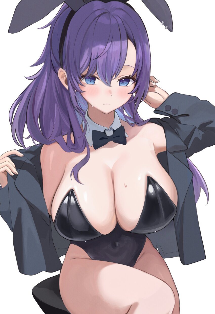 1girl absurdres animal_ears asahina_mafuyu bare_shoulders black_bow black_bowtie black_hairband black_leotard blue_eyes blush bow bowtie breasts cleavage closed_mouth commentary fake_animal_ears hair_between_eyes hair_over_shoulder hairband highleg highleg_leotard highres jacket jacket_partially_removed large_breasts leotard long_hair long_sleeves parted_bangs playboy_bunny project_sekai purple_hair rabbit_ears simple_background sitting solo sweat usagi_melon3 white_background wing_collar
