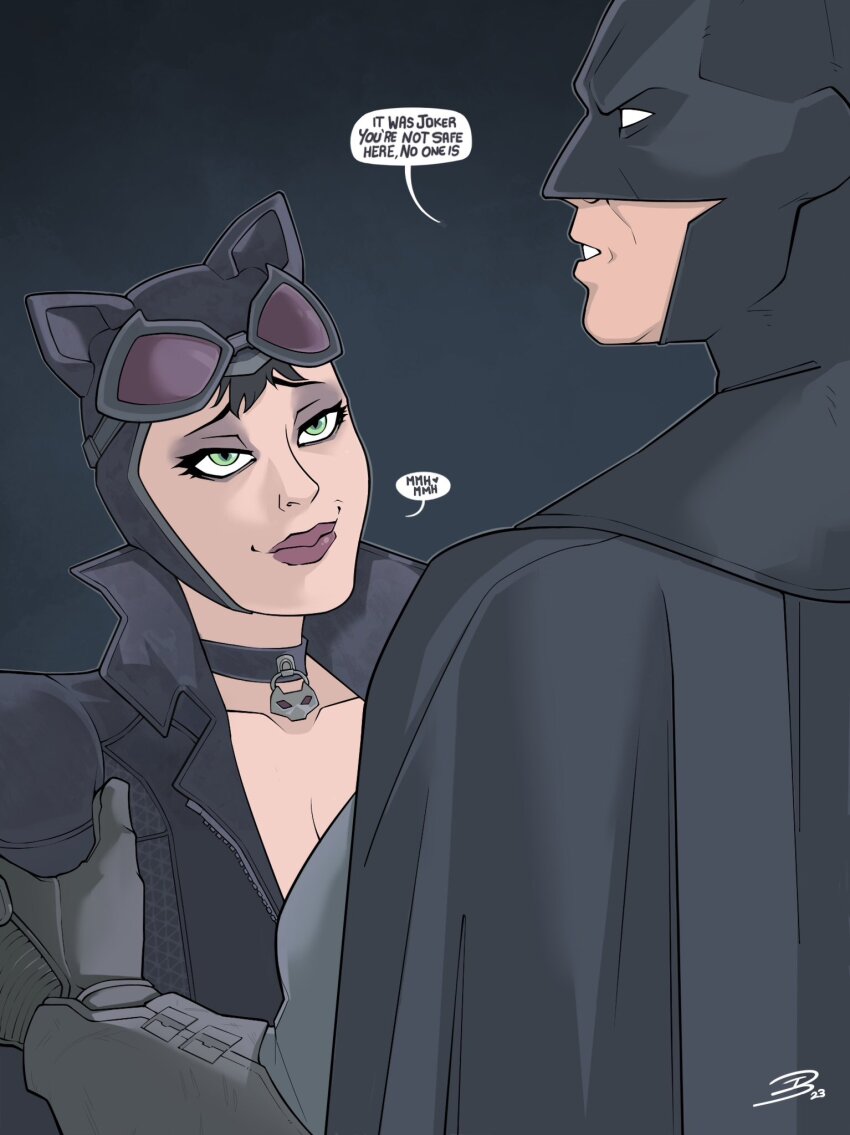 1boy 1girl batman batman:_arkham_city batman_(series) black_bodysuit black_cape black_collar bodysuit cape catwoman collar dbtheweirdo dc_comics english_text green_eyes grey_background highres looking_at_another selina_kyle speech_bubble