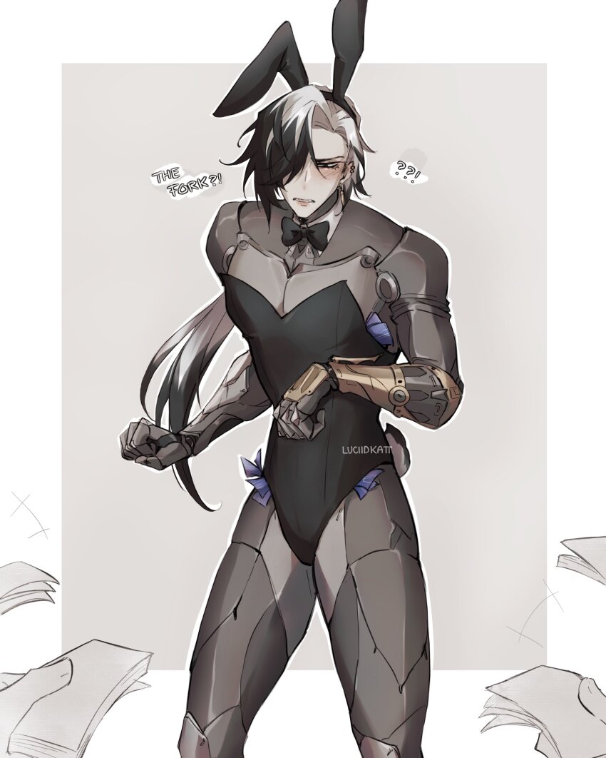 !? +++ 1boy absurdres animal_ears artist_name black_bow black_bowtie black_eyes black_hair black_hairband black_leotard blush boothill_(honkai:_star_rail) border bow bowtie bullet_earrings clenched_teeth commentary crossdressing crossed_bangs cyborg detached_collar ear_piercing earrings english_commentary english_text fake_animal_ears fake_tail gold_earrings grey_background hair_between_eyes hair_over_one_eye hairband highleg highleg_leotard highres holding holding_money honkai:_star_rail honkai_(series) jewelry leotard long_hair looking_at_viewer low_ponytail luciidkatt male_focus male_playboy_bunny mole mole_under_eye money multicolored_hair one_eye_covered outside_border parted_bangs piercing playboy_bunny ponytail rabbit_boy rabbit_ears rabbit_tail sharp_teeth solo standing strapless strapless_leotard streaked_hair tail teeth tucked_money v-shaped_eyebrows white_border white_hair wing_collar