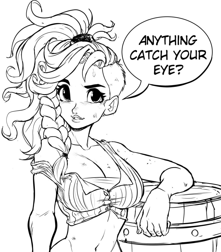 braid braided_ponytail breasts cleavage cleft_of_venus crop_top dirty gemma_(monster_hunter_wilds) highres large_breasts leaning_on_object looking_at_viewer midriff monster_hunter_(series) monster_hunter_wilds navel ponytail sketch smudge speech_bubble sweat teevo undercut