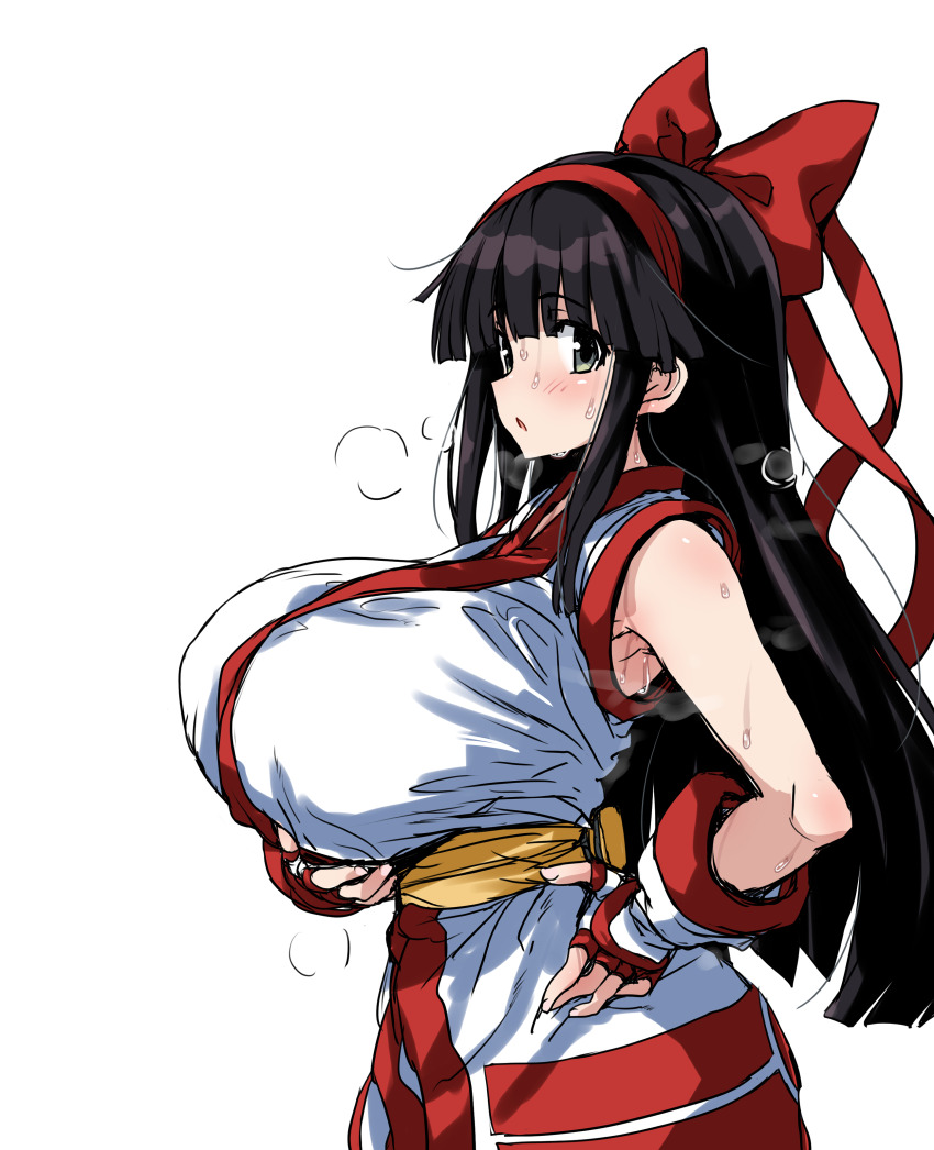 1girl absurdres ainu_clothes alternate_breast_size arm_under_breasts armpit_peek armpits black_hair breast_holding breasts fingerless_gloves gloves green_eyes hair_ribbon hand_on_own_hip highres hirowa_nagi huge_breasts looking_at_viewer nakoruru open_mouth ribbon samurai_spirits sideboob smell snk solo sweat the_king_of_fighters