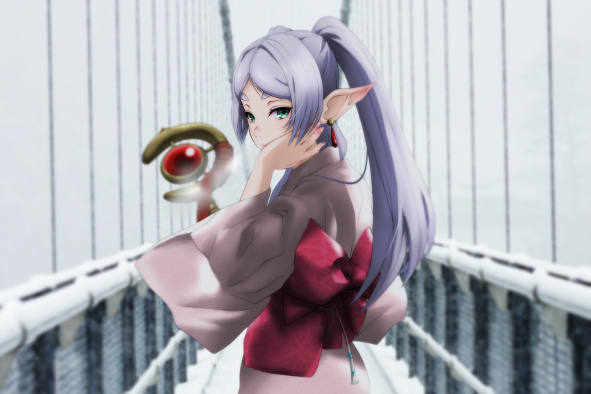 1girl blurry blurry_background bridge earrings elf expressionless floating_earring frieren genya_(genya67) green_eyes grey_hair hand_on_own_face happy_new_year highres jewelry mage_staff new_year parted_bangs pointy_ears solo sousou_no_frieren staff turning_head