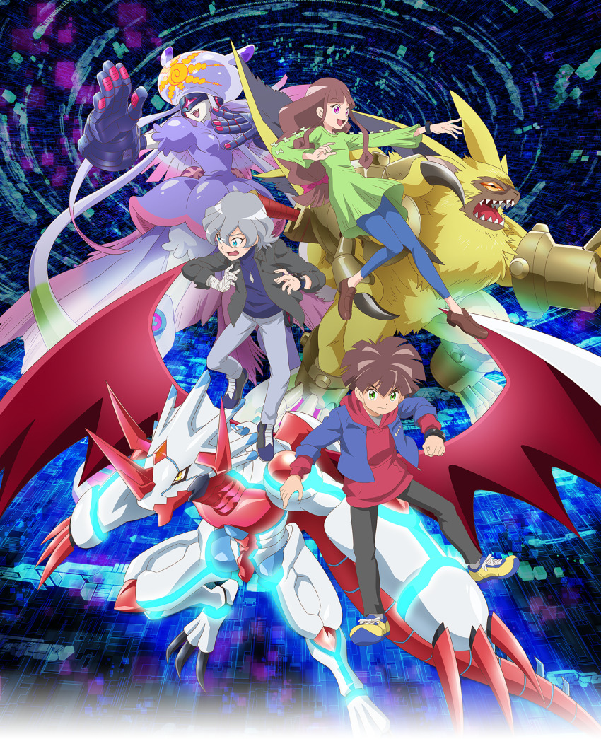 1girl 2boys amanokawa_hiro animal_ears armored_boots black_footwear black_jacket black_pants bloomers blue_background blue_eyes blue_footwear blue_jacket blue_pants blue_shirt boots bow breasts brown_footwear brown_hair canoweissmon claws clenched_hand collared_jacket colored_skin digimon digimon_(creature) digimon_ghost_game dragon_horns dragon_wings dress dress_bow fingernails glowing_lines green_bow green_dress green_eyes grey_hair grey_pants grey_shirt grey_skin grey_socks hair_between_eyes hair_bow higashimitarai_kiyoshiro highres hood hoodie horns jacket jacket_over_hoodie jellyfish_girl jewelry key_visual lamortmon loafers long_hair looking_at_viewer looking_to_the_side medium_breasts metal_gloves multicolored_hair multiple_boys official_art open_clothes open_hands open_jacket open_mouth orange_eyes pants pendant pink_bow pink_hair promotional_art purple_dress purple_eyes purple_footwear purple_lips red_hoodie scar scar_on_ear scared sharp_teeth shirt shoes sidelocks small_breasts smile sneakers socks sword tail teeth tentacles thetismon tongue tsukiyono_ruli two-tone_footwear two-tone_hair underwear upper_teeth_only watch weapon white_bloomers wings wristwatch yellow_eyes yellow_shoes