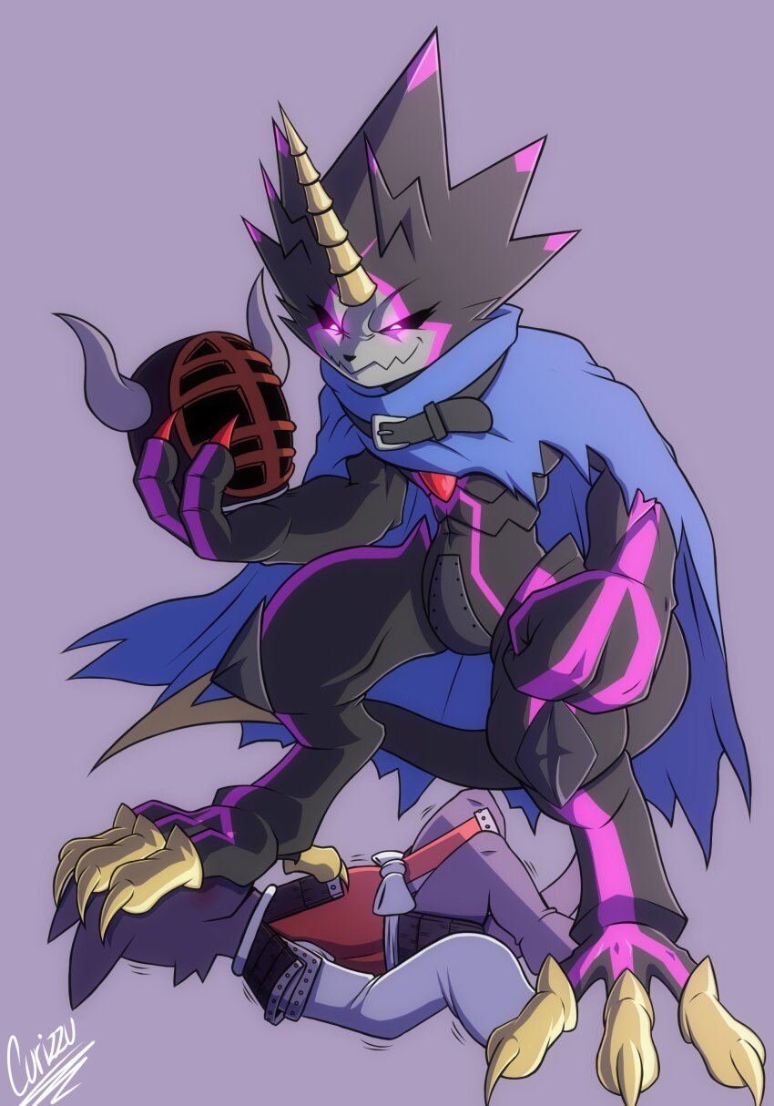 absurdres armor digimon digimon_(creature) digimon_ghost_game dinosaur_boy gulusgammamon highres horns kotemon mask unworn_mask