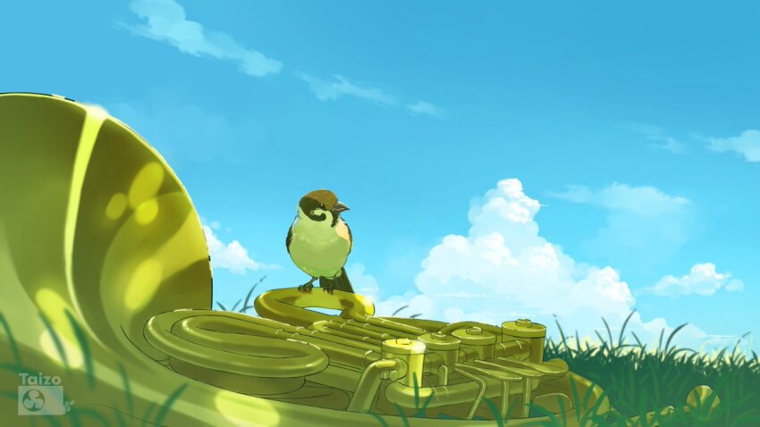 bird blue_sky cloud grass instrument landscape no_humans original sky sparrow taizo_(taizo_03)