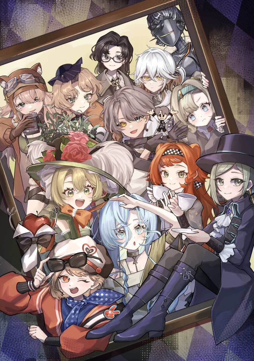 &gt;:( 1boy 1other 37_(reverse:1999) 6+girls :o ;d animal_ear_headwear apple apple_(reverse:1999) argyle_background ascot aviator_cap black-framed_eyewear black_bow black_bowtie black_coat black_eyes black_footwear black_hair black_hat black_pants black_sclera blonde_hair blue_dress blue_eyes blue_hair blue_hairband blue_hat blue_neckerchief boater_hat boots bow bowtie brown_gloves brown_hat brown_jacket newsboy_cap canteen character_doll checkered_hairband chin_strap closed_mouth coat colored_sclera colored_tips cup doll dress drill_hair druvis_iii elbow_gloves fake_animal_ears fascinator flower food fruit glasses gloves goggles goggles_on_headwear green_eyes green_gloves green_hat grey_eyes grey_gloves grey_hair hair_bun hairband hand_up hands_up hat hat_feather hat_flower heterochromia highres holding holding_canteen holding_cup holding_doll holding_removed_eyewear holding_saucer humanoid_robot jacket joints knee_boots lilya_(reverse:1999) long_hair looking_at_viewer low_twintails lucy_(reverse:1999) matilda_bouanich medicine_pocket metal_hair metal_skin minnim mismatched_sclera multicolored_hair multiple_girls neckerchief one_eye_closed open_mouth orange_bow orange_eyes orange_hair pants picture_frame picture_hat polka_dot_neckerchief purple_background red_flower red_jacket regulus_(reverse:1999) reverse:1999 robot robot_girl robot_joints saucer short_hair side_ponytail single_side_bun sitting smile sonetto_(reverse:1999) sotheby sunglasses teacup traditional_bowtie twin_drills twintails unworn_eyewear v-shaped_eyebrows vertin_(reverse:1999) white_ascot white_gloves white_hair x_(reverse:1999) yellow_eyes z_(reverse:1999)