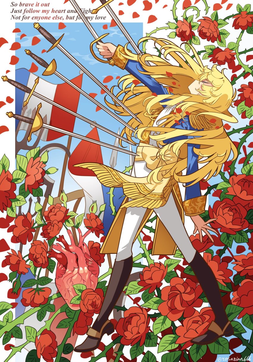 1girl black_shoes blonde_hair blue_jacket closed_eyes english_text epaulettes floating_hair flower french_flag from_side full_body heart_(organ) highres holding holding_sword holding_weapon jacket long_hair long_sleeves meremero oscar_francois_de_jarjayes pants red_flower red_rose rose shoes solo sword versailles_no_bara weapon white_pants