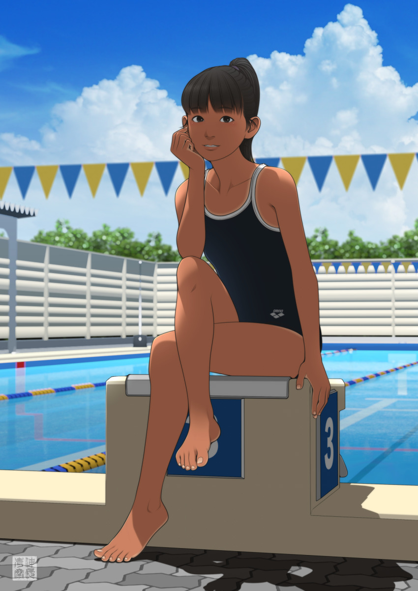 1girl backlighting bare_shoulders barefoot blue_sky blunt_bangs blurry brown_eyes brown_hair cloud cloudy_sky competition_school_swimsuit day depth_of_field diving_block full_body hand_on_own_chin highres looking_at_viewer one-piece_swimsuit original outdoors ponytail pool poolside school_swimsuit seal_script shinchou_ni_kansuru_kousatsu short_hair sitting sky smile solo swimsuit tan tanline