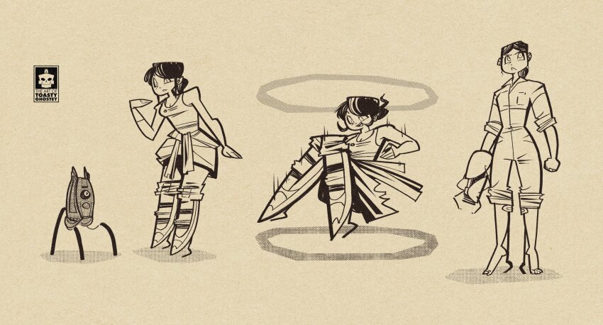 1girl absurdres artist_name bare_shoulders barefoot chell falling greyscale highres jumpsuit jumpsuit_around_waist long_fall_boots monochrome pants portal portal_(object) portal_(series) portal_1 portal_2 sentry_turret_(portal) signature simple_background sleeves_rolled_up tank_top toastyghostey