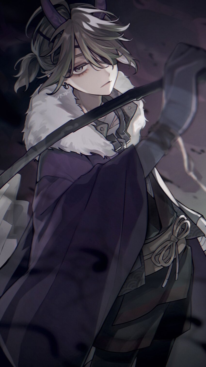 1boy 9csgi bandaged_hand bandaged_torso bandages black_pantyhose black_shorts blurry brown_hair cowboy_shot depth_of_field eyepatch fang floating_hair fur-trimmed_jacket fur_trim gohei grey_eyes hair_over_one_eye haori highres horns identity_v jacket japanese_clothes jitome looking_at_viewer lower_eyelashes_only luca_balsa male_focus official_alternate_costume oni pantyhose ponytail protected_link purple_horns shorts skin_fang solo twitter_username