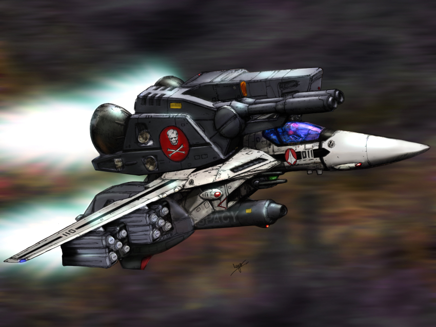 1boy absurdres armor canopy choujikuu_yousai_macross cockpit commentary commentary_request damaged dirty energy_cannon flying gloves helmet highres ichijou_hikaru jolly_roger lights macross macross:_do_you_remember_love? mecha missile_pod motion_blur pilot pilot_suit robot roundel science_fiction spacecraft spacesuit spoilers thrusters variable_fighter vehicle_focus vf-1 vf-1_strike vf-1s
