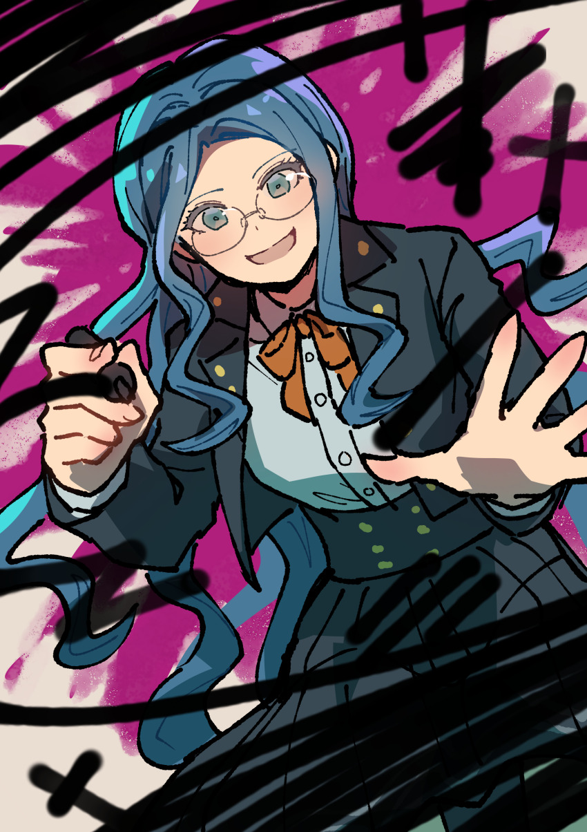 1girl :d absurdres black_jacket black_skirt blue_hair collared_shirt danganronpa_(series) danganronpa_v3:_killing_harmony dress_shirt glasses grey_shirt highres holding holding_pen jacket long_hair open_clothes open_jacket open_mouth pen pink_background pleated_skirt shirogane_tsumugi shirt shirt_tucked_in skirt smile solo writing youko-shima