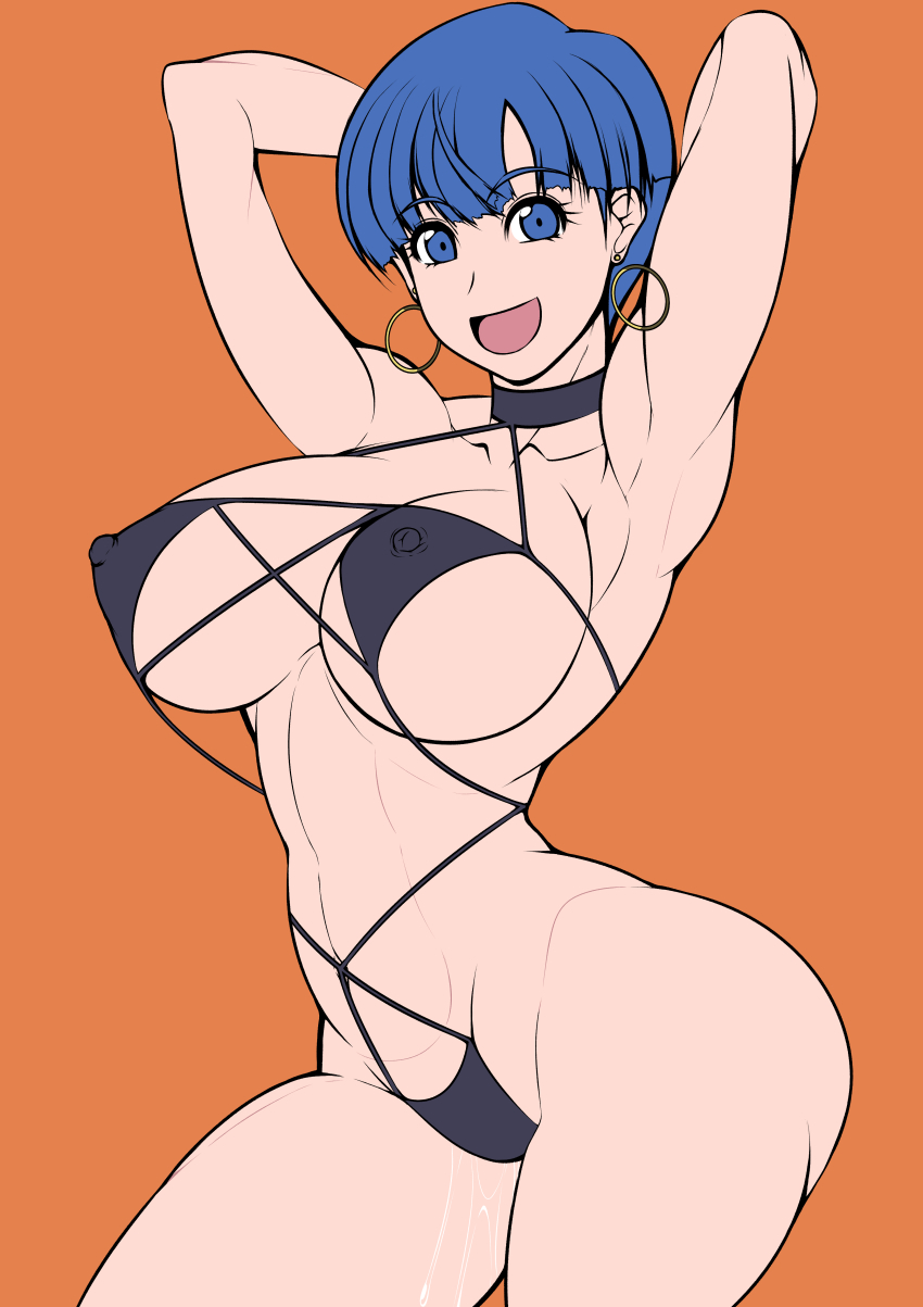 1girl absurdres armpits arms_behind_head black_one-piece_swimsuit blue_eyes blue_hair breasts bulma cleavage_cutout clothing_cutout covered_erect_nipples curvy dragon_ball dragonball_z earrings female_focus highres hoop_earrings jewelry large_breasts looking_at_viewer matching_hair/eyes myougi_kuraganosuke one-piece_swimsuit open_mouth pussy_juice short_hair simple_background slingshot_swimsuit smile solo swimsuit upper_body