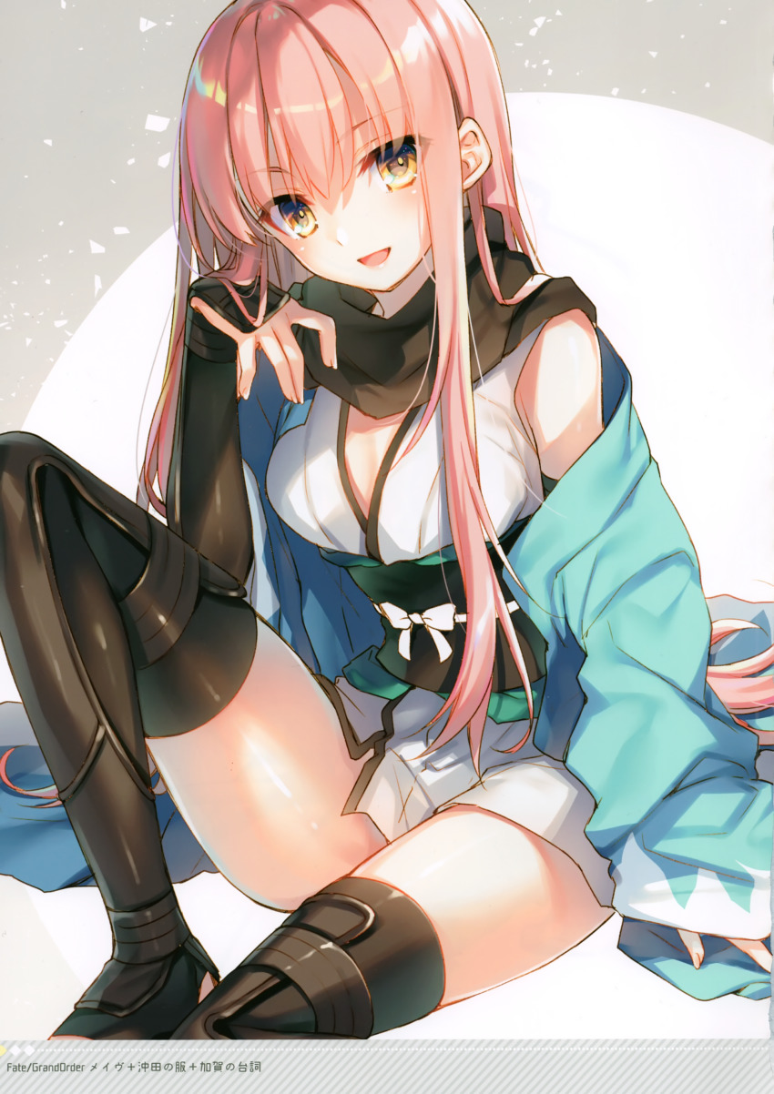 1girl absurdres barefoot black_scarf black_thighhighs bow breasts cleavage cosplay elbow_gloves elbows_on_knees fate/grand_order fate_(series) female_focus gloves highres japanese_clothes kimono leg_up long_hair looking_at_viewer medb_(fate) medium_breasts obi okita_souji_(fate) okita_souji_(koha-ace) okita_souji_(koha-ace)_(cosplay) open_mouth pink_hair sash scan scarf shin_guards short_kimono simple_background sitting sleeveless sleeveless_kimono solo thighhighs toeless_legwear toenails toes toosaka_asagi white_kimono yellow_eyes zettai_ryouiki
