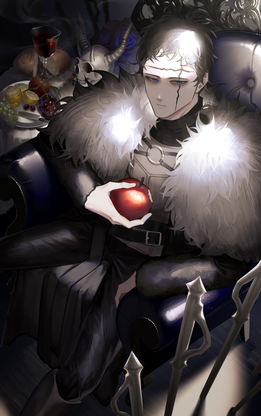 1boy absurdres alcohol apple armchair black_clover black_coat black_hair black_pants black_shirt blue_eyes blurry boots bread brown_boots chair coat cuirass cup demon_horns depth_of_field drinking_glass fireplace_tool_stand fog food frit_2 from_above fruit fur_coat fur_collar grapes high_collar highres holding holding_food holding_fruit horns knee_boots lemon loaf_of_bread looking_afar male_focus messy_hair pants poker round_table shirt short_hair skull smoke solo table tablecloth wine wine_glass zenon_zogratis