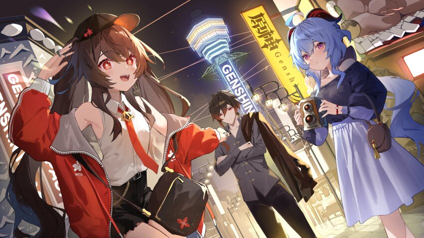 1boy 2girls alternate_costume amagasa_yun baseball_cap black_hat black_shorts blue_hair brown_eyes brown_hair casual collared_shirt commentary_request crossed_arms flower-shaped_pupils ganyu_(genshin_impact) genshin_impact goat_horns grey_shirt hat highres horns hu_tao_(genshin_impact) jacket multiple_girls necktie night open_mouth osaka_(city) purple_eyes purple_skirt red_jacket red_necktie shirt shorts skirt sleeveless sleeveless_shirt symbol-shaped_pupils white_shirt zhongli_(genshin_impact)