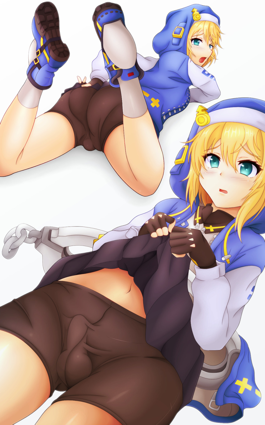 1boy ass black_shorts blonde_hair blue_eyes blush bridget_(guilty_gear) bulge clothes_lift erection erection_under_clothes fingerless_gloves gloves guilty_gear guilty_gear_strive highres hood hood_up hoodie lying male_focus miniskirt navel on_stomach open_mouth redrum_(xday5233) shorts skirt skirt_lift solo trap white_background