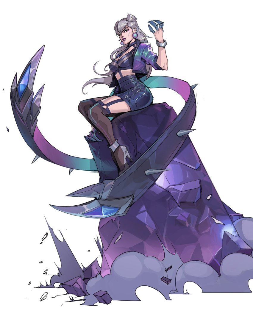 1girl black_skirt black_thighhighs claws cone_hair_bun earrings evelynn_(league_of_legends) garter_straps grey_background grey_hair hair_bun hicham_habchi high_heels highres jacket jewelry k/da_(league_of_legends) k/da_evelynn league_of_legends long_hair looking_at_viewer o-ring open_clothes open_jacket over-kneehighs pink_jacket purple_lips rock simple_background sitting skirt solo spikes thighhighs